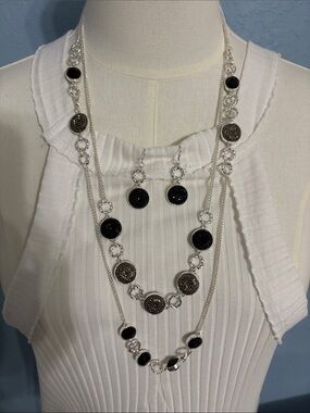 Silver-Tone Black Multi-Strand Circle Necklace with Matching Earrings